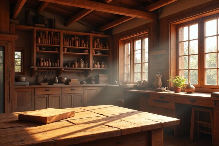 Un atelier de menuiserie traditionnel français avec des outils anciens et des poutres en bois