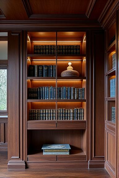 Bibliothèque sur mesure en bois foncé, style classique