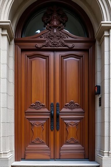 Porte d'entrée en bois massif avec détails sculptés