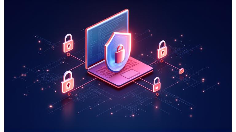 Illustration abstraite de la sécurité des données et de la confidentialité en ligne avec des boucliers et des cadenas.