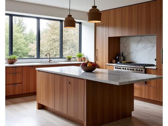 Îlot central de cuisine en bois avec comptoir en marbre