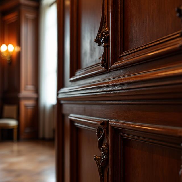 Détail de boiseries murales classiques en bois foncé
