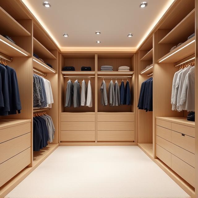 Grand dressing sur mesure en bois clair avec éclairage intégré