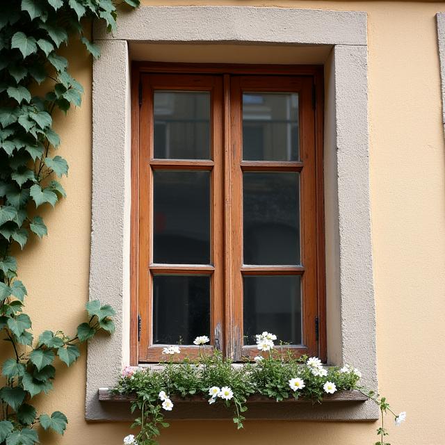 Fenêtre en bois traditionnelle avec petits carreaux