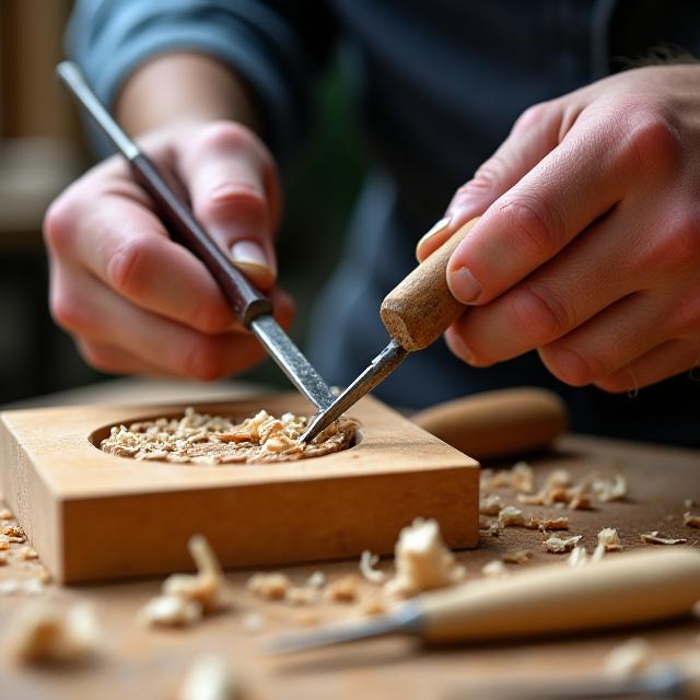 Mains d'artisan sculptant du bois avec des outils